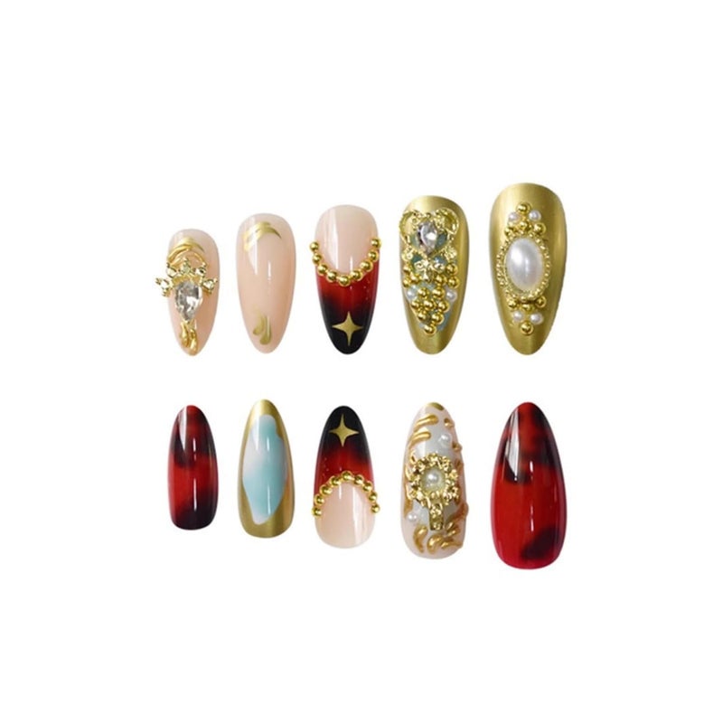 SEENEEY Almond Press on Nails Medium Fake Nails Gold Artificial Nail with Rhinestones and Gold Charm Designs French Tip Sparkly Stick on Nail for Women 24pcs - Image 4